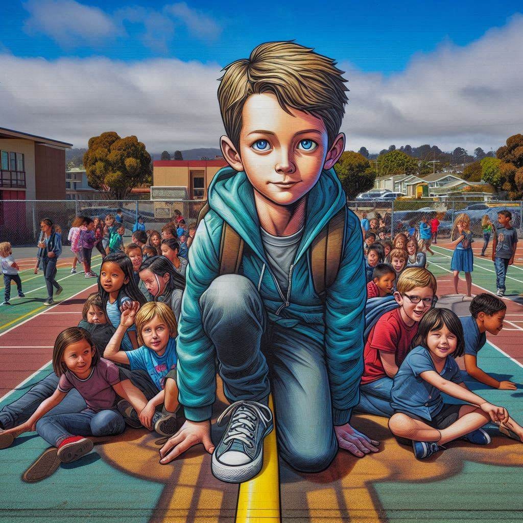 third graders on a school playground in monterey the style of jack kirby
