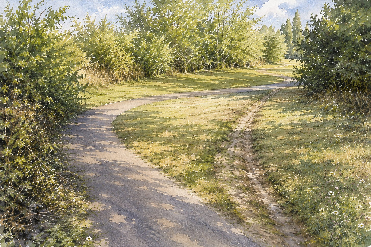 A watercolour of a tarmac path curving away to the left between summer hedgerows, and beside it a bare track worn diagonally across the grass, rejoining the path further on. A watercolour of a tarmac path curving away to the left between summer hedgerows, and beside it a bare track worn diagonally across the grass, rejoining the path further on.