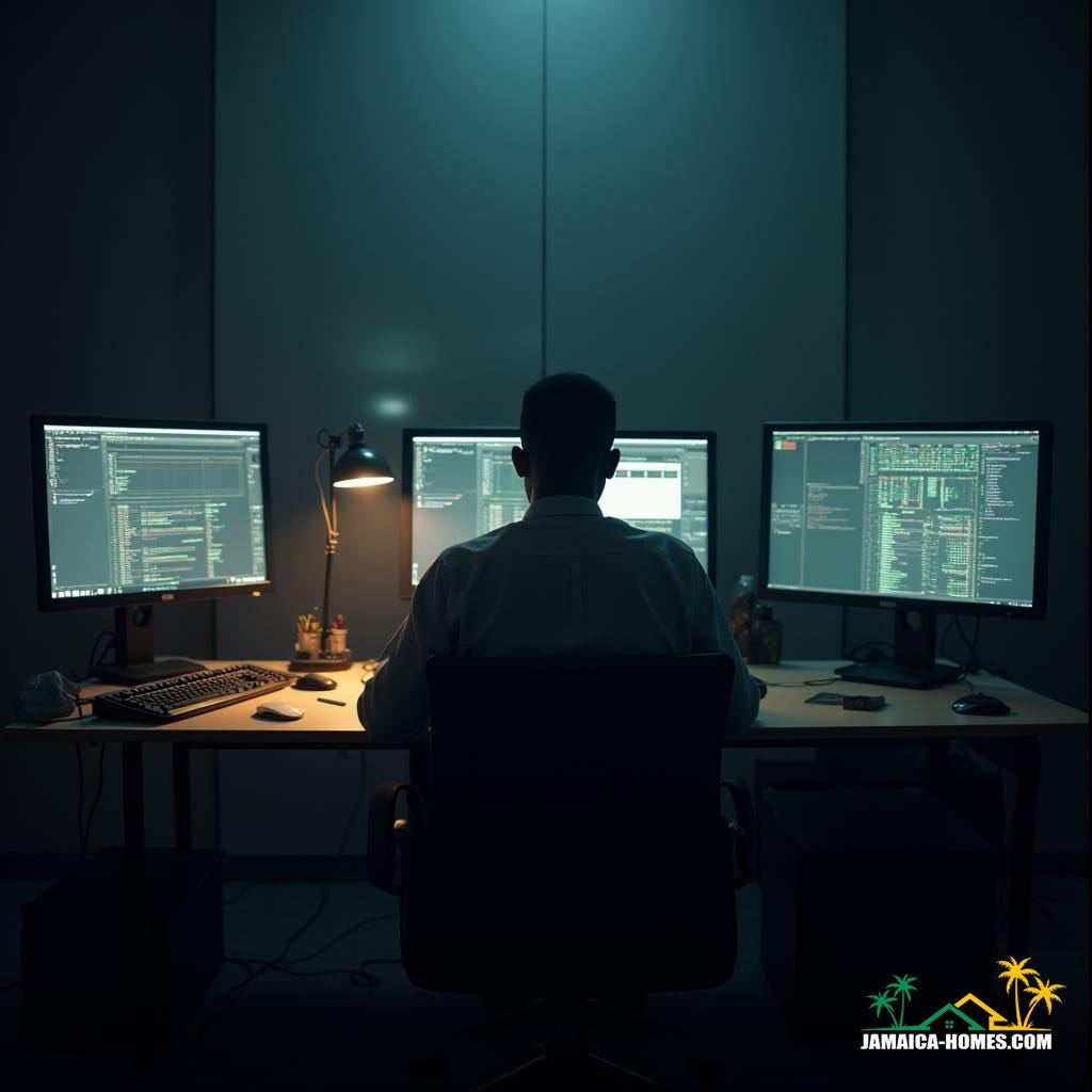 Jamaican data analyst, focused on computer screens, in a dimly lit room, cinematic film still