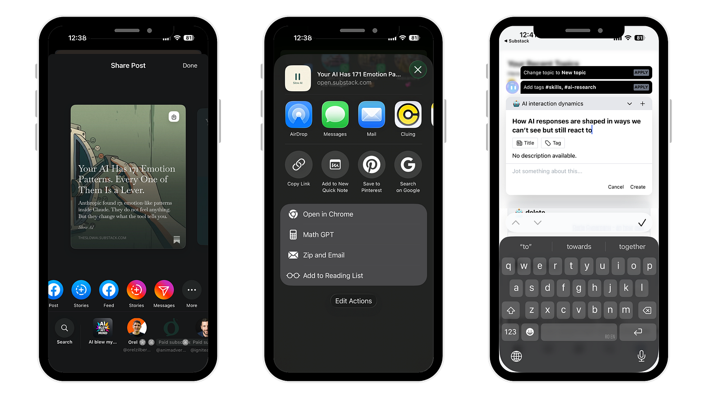 Screenshot sequence showing mobile workflow of reading an article opening the share menu selecting the Cluing app and saving the content into a research project where notes and ideas are added