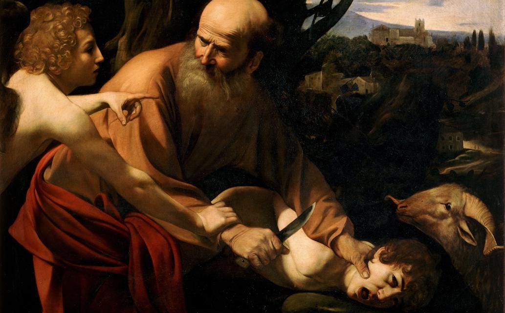 Abraham about to murder his son Isaac because God told him to. Abraham about to murder his son Isaac because God told him to.