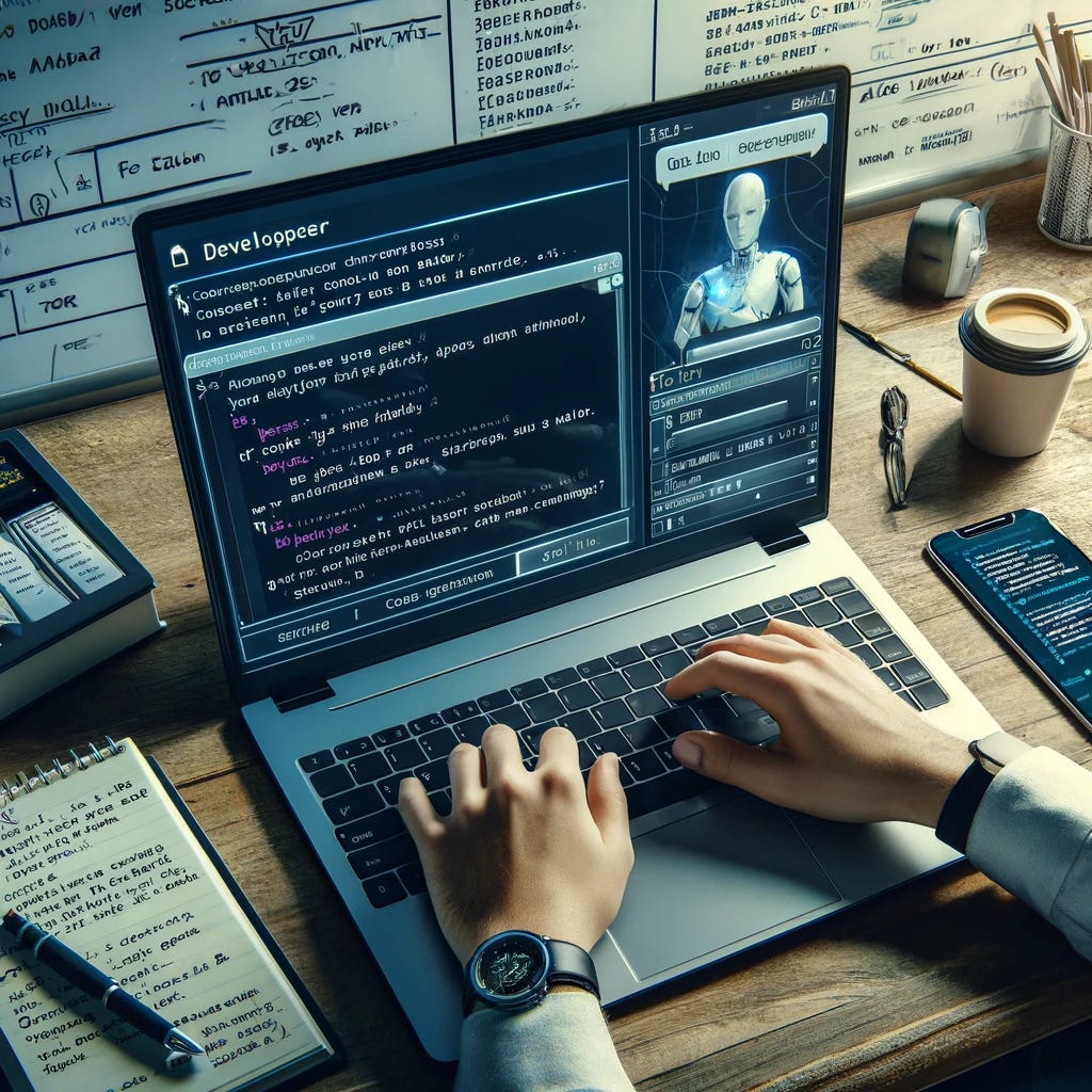 Depict a contemporary developer's workspace, now focusing on a current-gen laptop being used with a chat interface for a code generation tool. The screen clearly displays a conversation-style interface, where the developer types questions or requests, and the AI tool responds with code suggestions and explanations. This setup highlights a user-friendly, interactive coding experience. The developer, still in casual work attire, is more engaged, typing rapidly as they interact with the AI. Surrounding the laptop are the usual desk items: a notebook with algorithm sketches, a cup of coffee, and a smartphone. In the background, a whiteboard contains project plans and deadlines, offering a realistic glimpse into a developer's life.