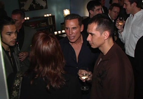 Matthew Rettenmund with Jonathon Trent & Derek Magyar, plus Jonathon Trent with Phil Lobel & Q. Allan Brocka, at the private Tribeca party in 2006 (Images by Matthew Rettenmund)