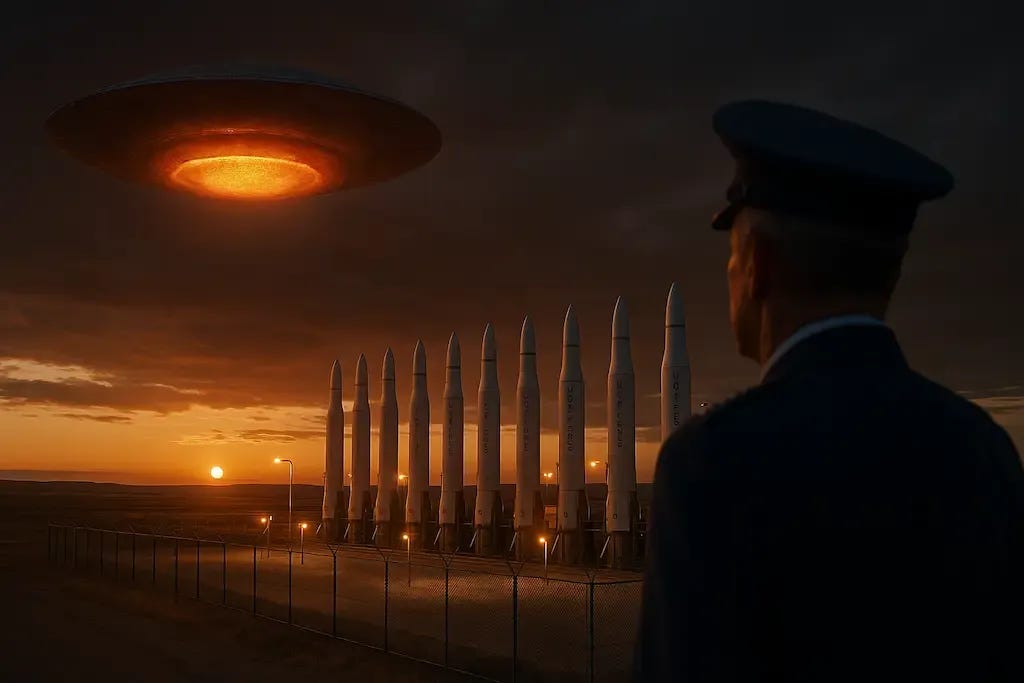 Representação artística do incidente de 1967 na Base Malmstrom com disco voador sobre silos nucleares