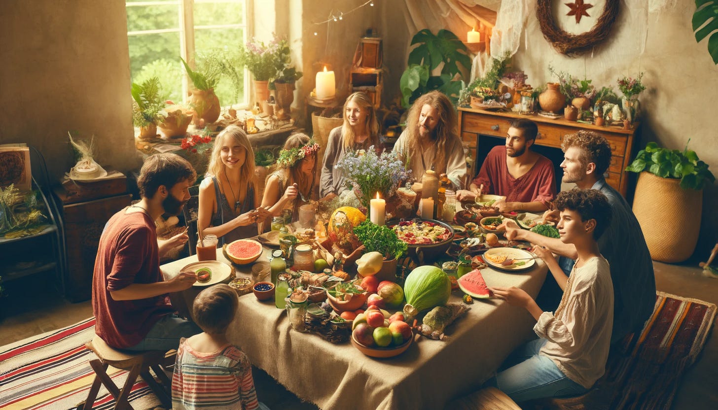 A warm and communal gathering for the Summer Solstice (Litha) celebration with a pagan theme in an artistic style similar to the previous Winter Solstice (Yule) feast picture. People of diverse racial backgrounds and ages, including teens and children, are sitting around a table, sharing a meal with traditional Litha foods like fresh fruits, salads, and grilled meats. The scene includes natural decorations like flowers, greenery, and symbols of the sun. The atmosphere is lively and festive, with a focus on community and abundance, indoors with a rustic setting and bright summer lighting.