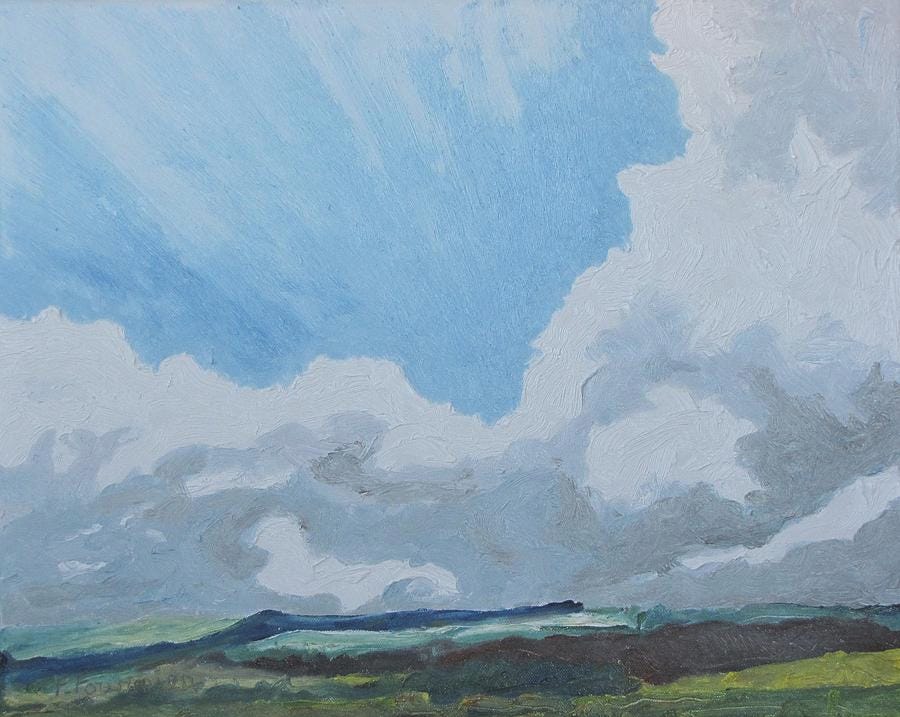 a painting of clouds looming over the dark green mountains