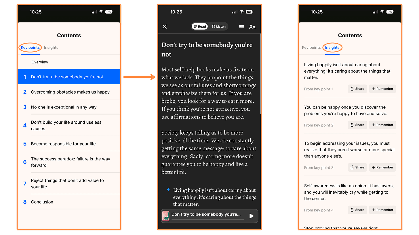 Headway’s summary of the book The Subtle Art of Not Giving a F*ck (mobile app + dark mode)