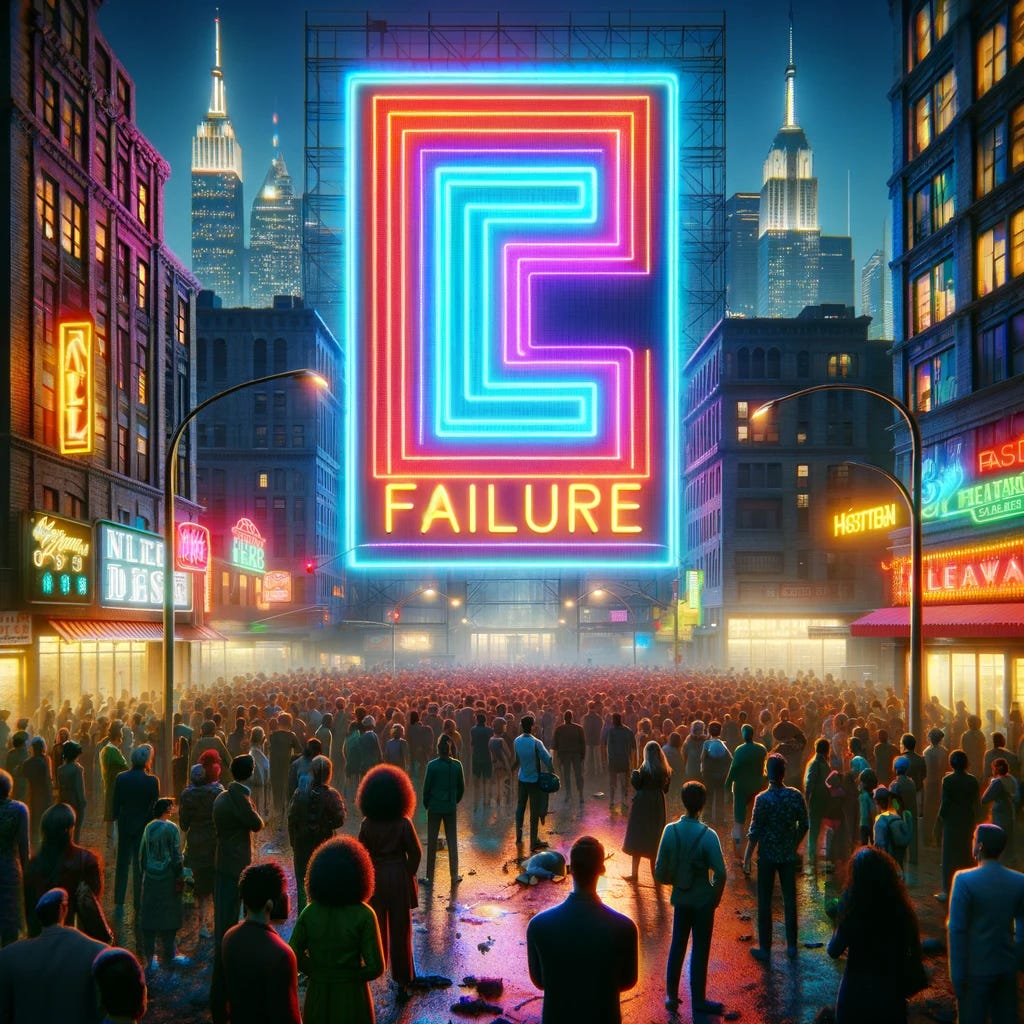 A bustling scene in New York City at night, featuring a large, vivid neon sign that reads 'Failure'. The neon sign is the focal point, emitting a bright glow that illuminates the surrounding area. Below the sign, a huge crowd of diverse individuals is gathered, looking up at the sign with a mixture of expressions ranging from curiosity to astonishment. The background captures the iconic skyscrapers and the lively urban environment of the city, with the neon lights of other signs and streetlights adding to the vibrant atmosphere. The setting is realistic, capturing the energy and diversity of New York City at night.