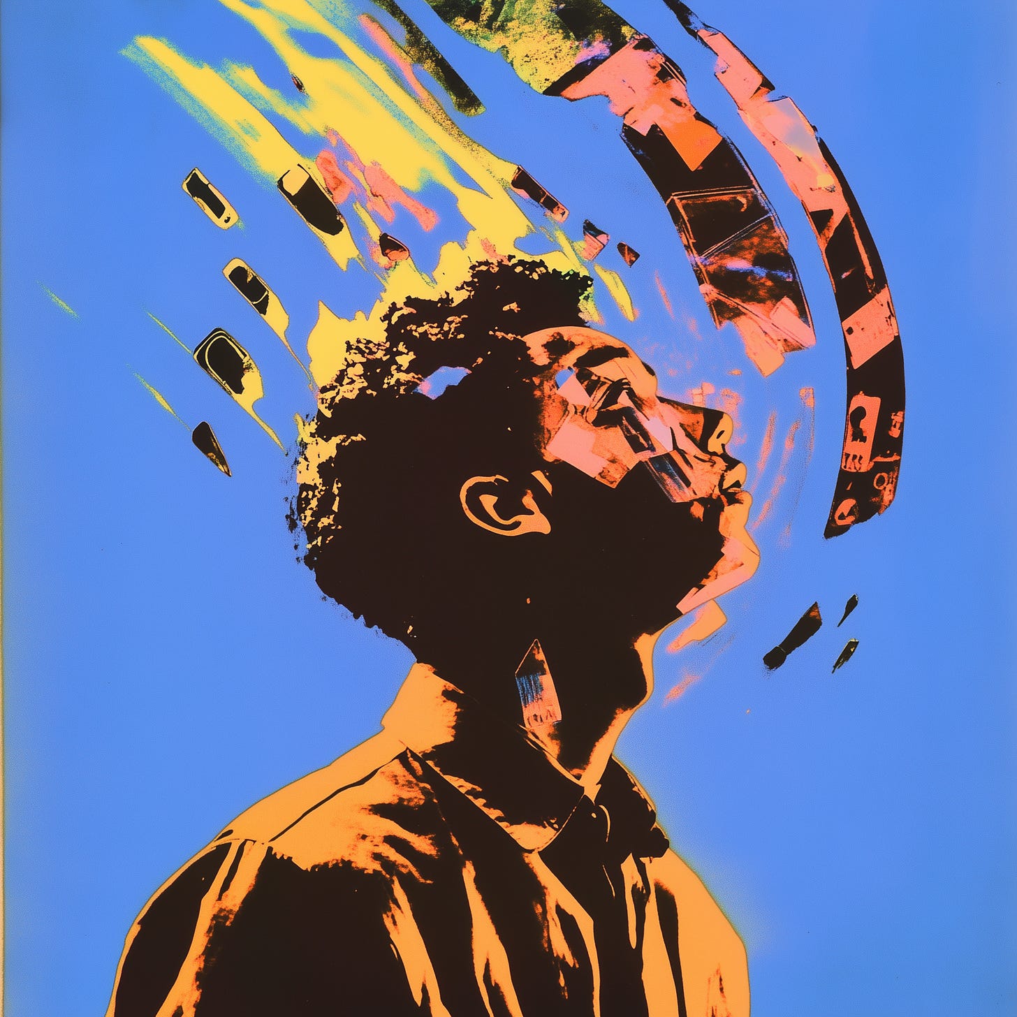 A stylized pop art portrait in orange, black, and blue tones. The silhouette shows a figure with natural hair in profile against a blue background. Above their head, abstract elements spiral outward, including what appear to be car-like shapes in yellow and coral colors, creating a dynamic, radiating pattern suggesting movement or thought.