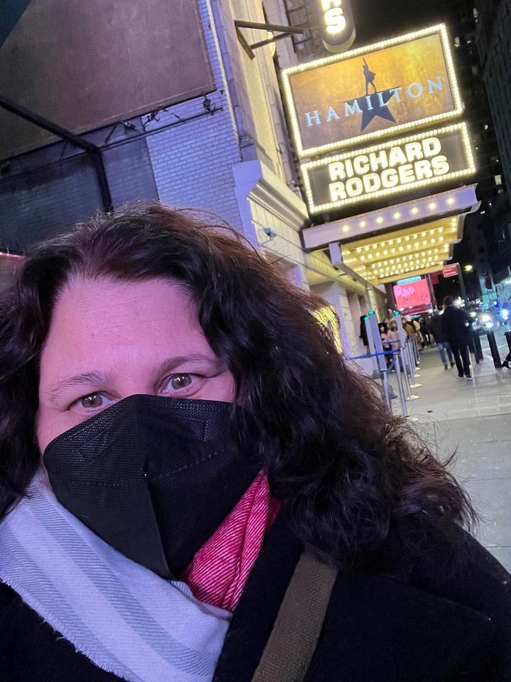 Images from Hamilton marquee and stage on Broadway