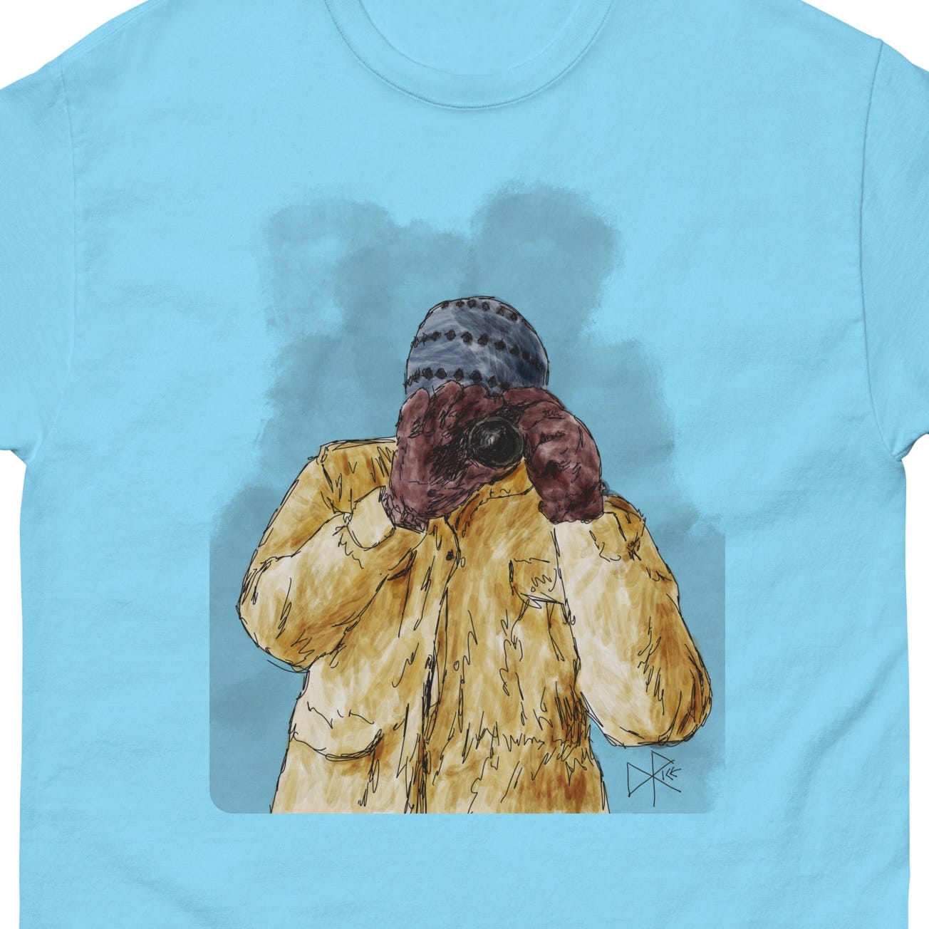 Looking through the viewfinder, face obscured and fully covered in a winter coat, gloves and hat - a figure points a single-lens reflex camera at the viewer. Sketch art by Don Rice. Looking through the viewfinder, face obscured and fully covered in a winter coat, gloves and hat - a figure points a single-lens reflex camera at the viewer. Sketch art by Don Rice.