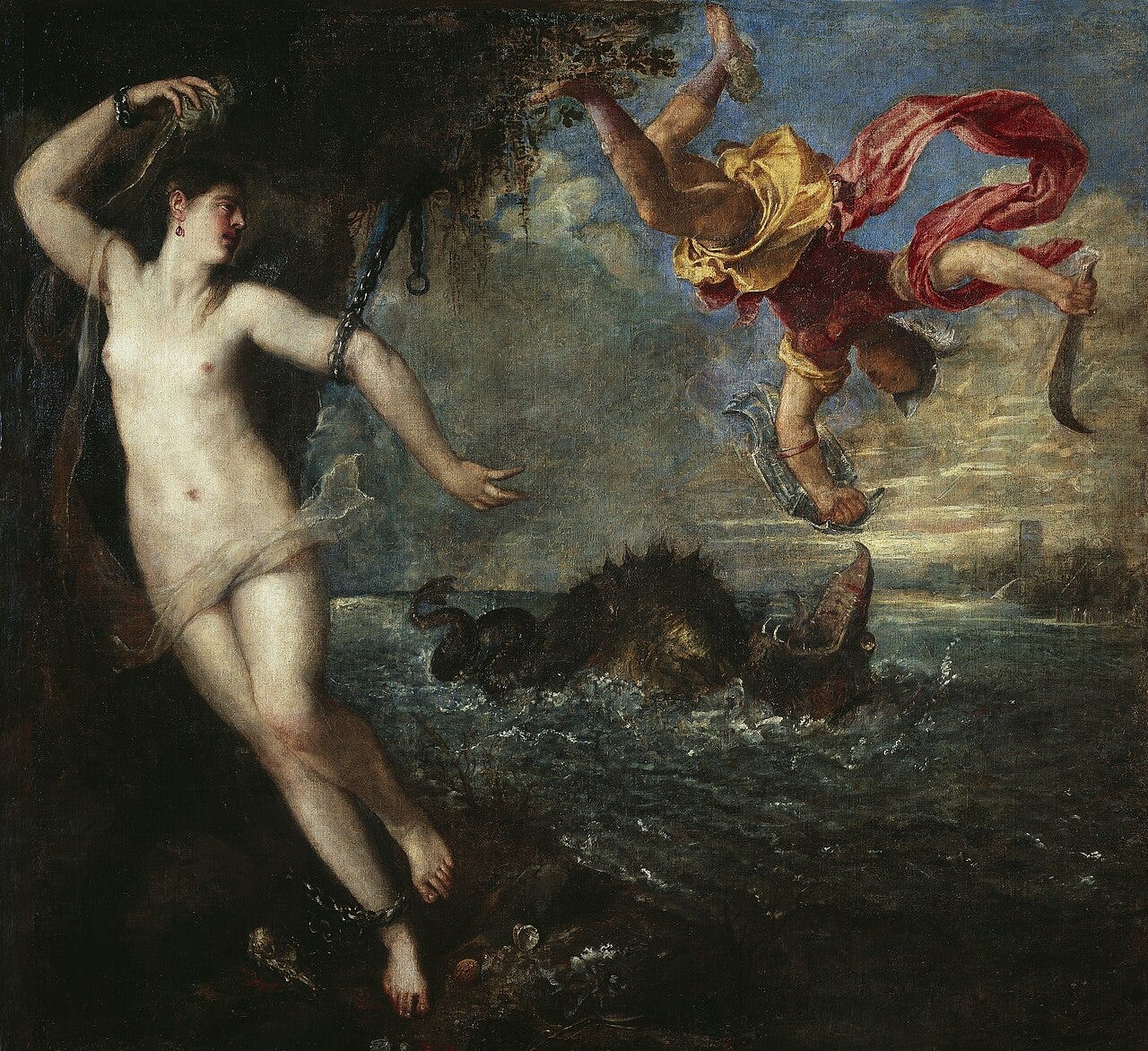 Titian's Perseus and Andromeda, Perseus diving through the air at the sea monster Titian's Perseus and Andromeda, Perseus diving through the air at the sea monster