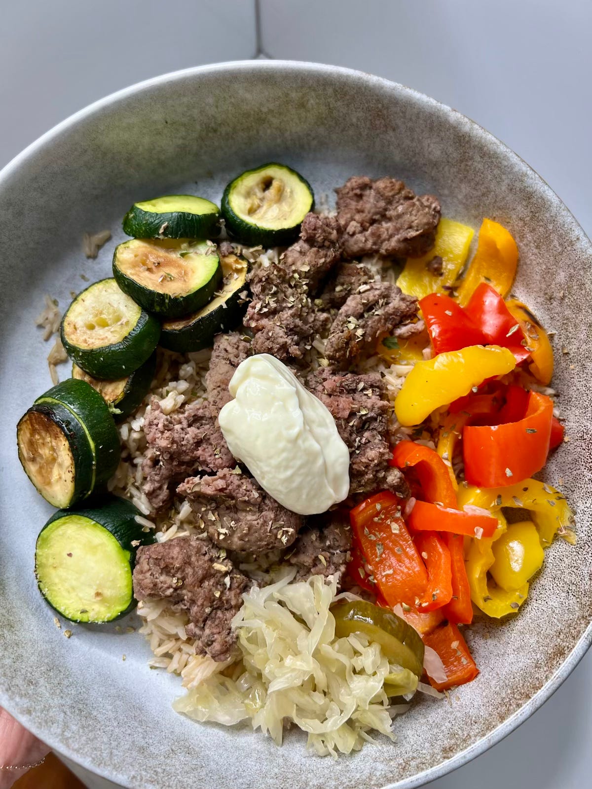 Colorful ground beef nourish bowl