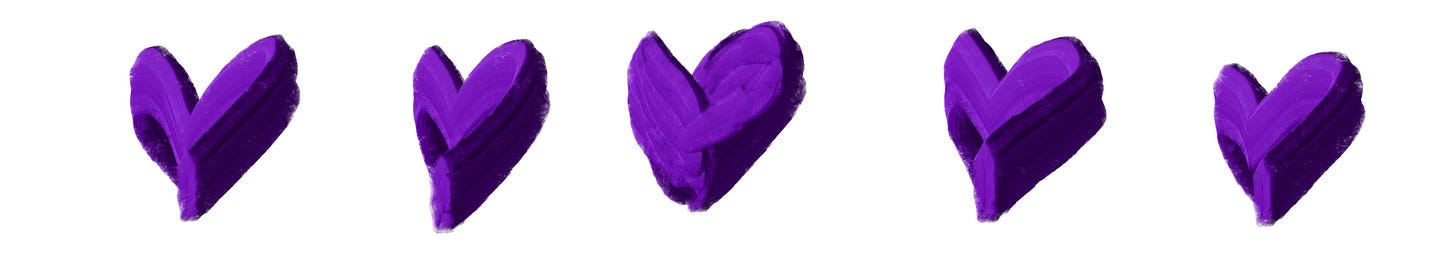 5 purple hearts in a row. 5 purple hearts in a row.