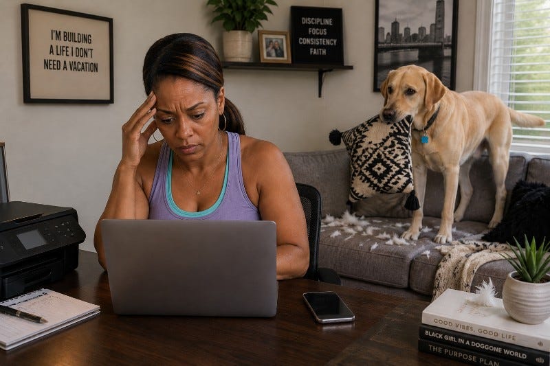 Woman in tanktop tries to do WFH job while her dog chews couch pillows Woman in tanktop tries to do WFH job while her dog chews couch pillows