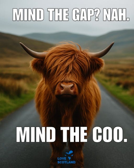 May be an image of text that says "MIND THE GAP? ΝΑ. MIND THE COO. LOVE SCOTLAND"