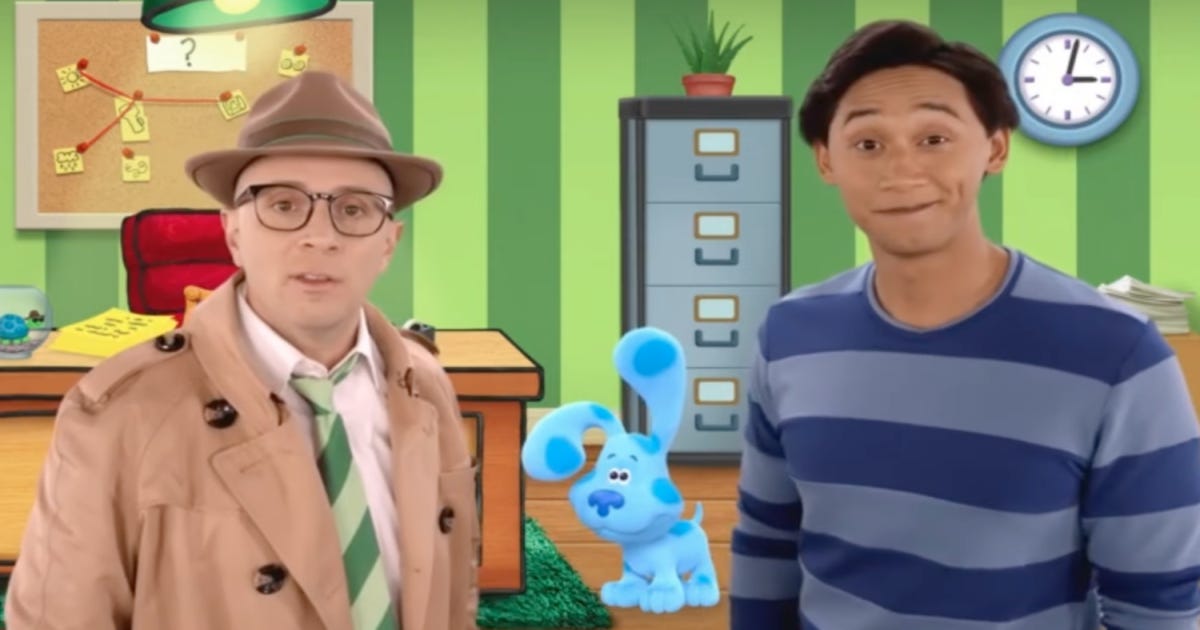 Steve Burns, Josh Dela Cruz, and Blue speak to the audience from Steve's detective agency. Steve Burns, Josh Dela Cruz, and Blue speak to the audience from Steve's detective agency.
