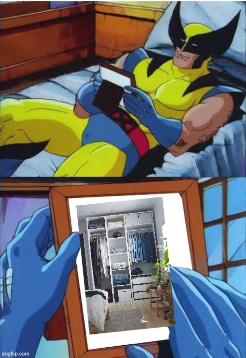 Meme de Wolverine mirando una foto en la cama. En la foto, un armario modular de IKEA. Sí, tú también quieres uno