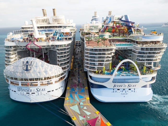 Wonder of the Seas and Icon of the Seas docked at Perfect Day at CocoCay Wonder of the Seas and Icon of the Seas docked at Perfect Day at CocoCay