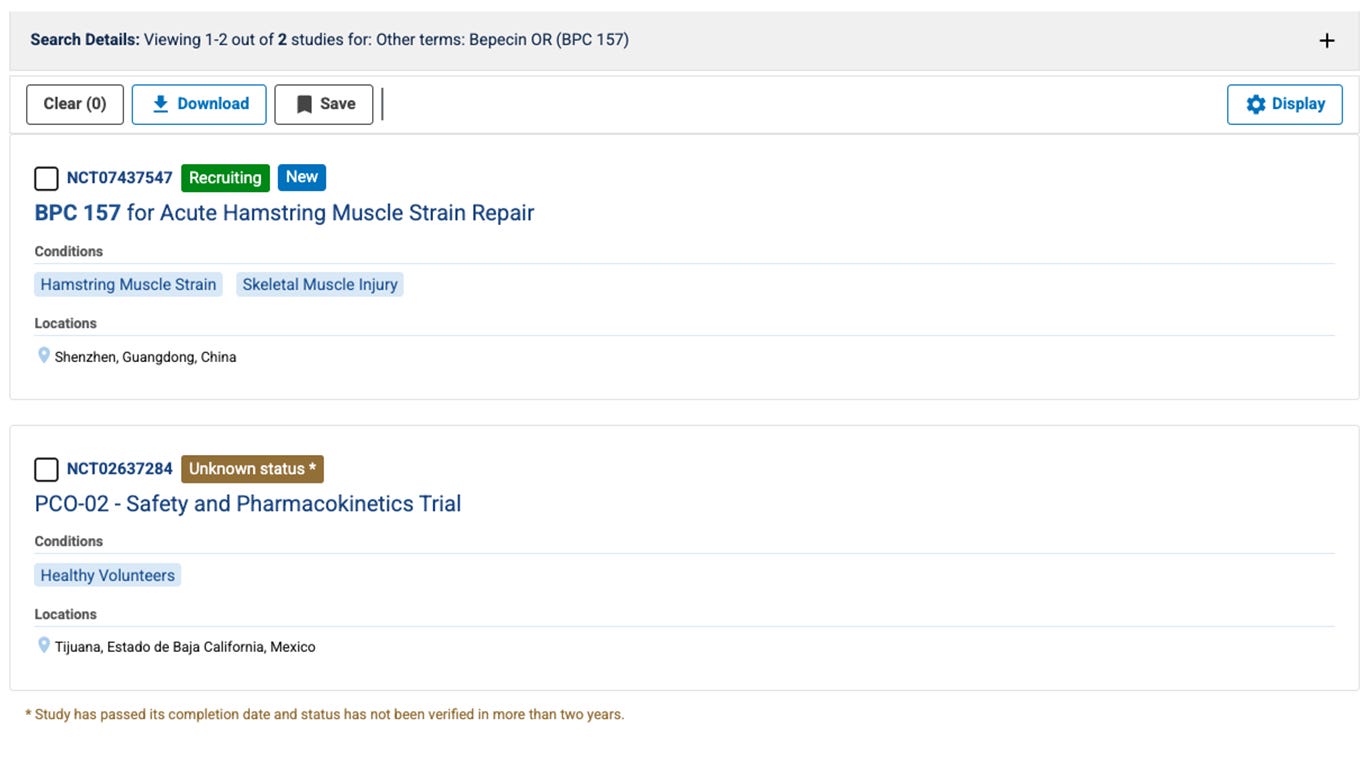 Screenshot of ClinicalTrials.gov database search showing BPC-157 Bepecin clinical trials NCT07437547 recruiting status hamstring muscle strain repair skeletal muscle injury Shenzhen China NCT02637284 unknown status safety pharmacokinetics trial Tijuana Mexico healthy volunteers limited human evidence