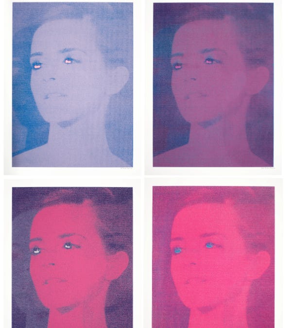 The Muse, four silkscreen portraits of the same woman in blue, violet and pink