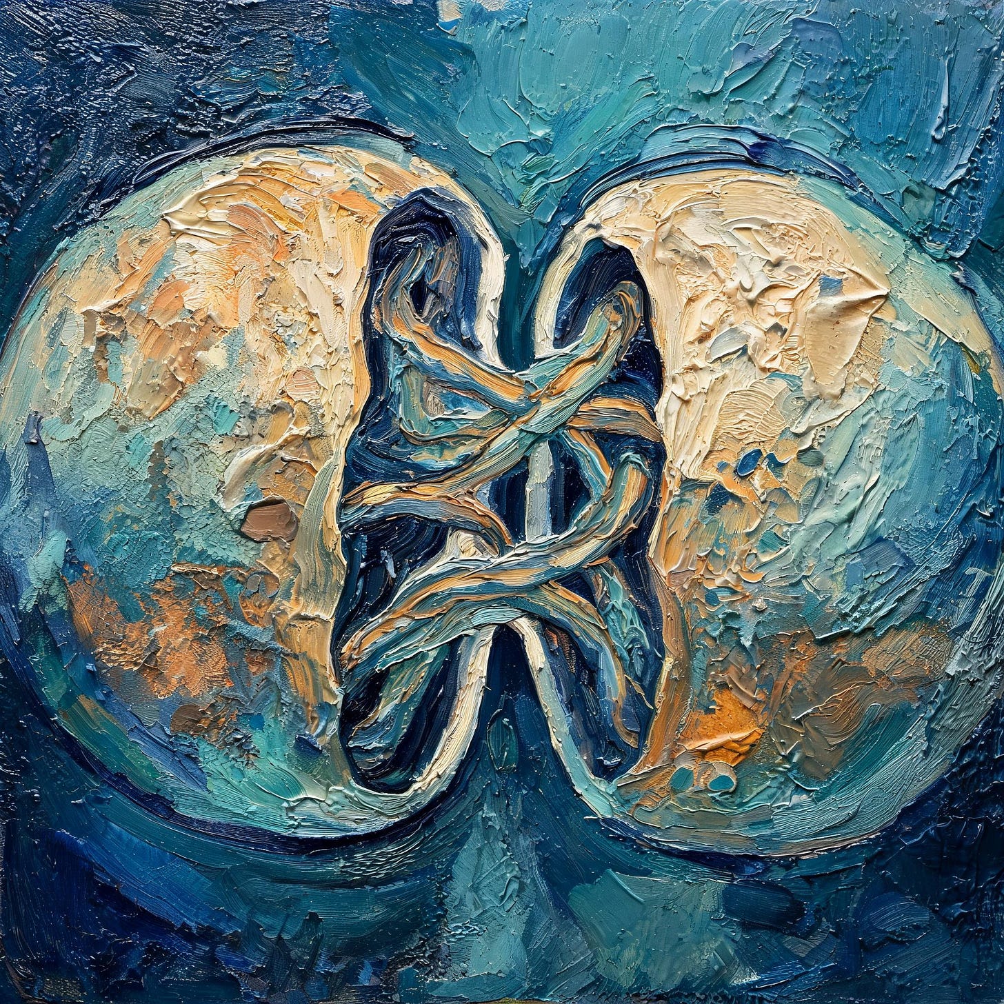 An abstract oil painting in deep navy, amber, and teal, showing two forms separated by a permeable, organic division connected by tissue-like bridges.
