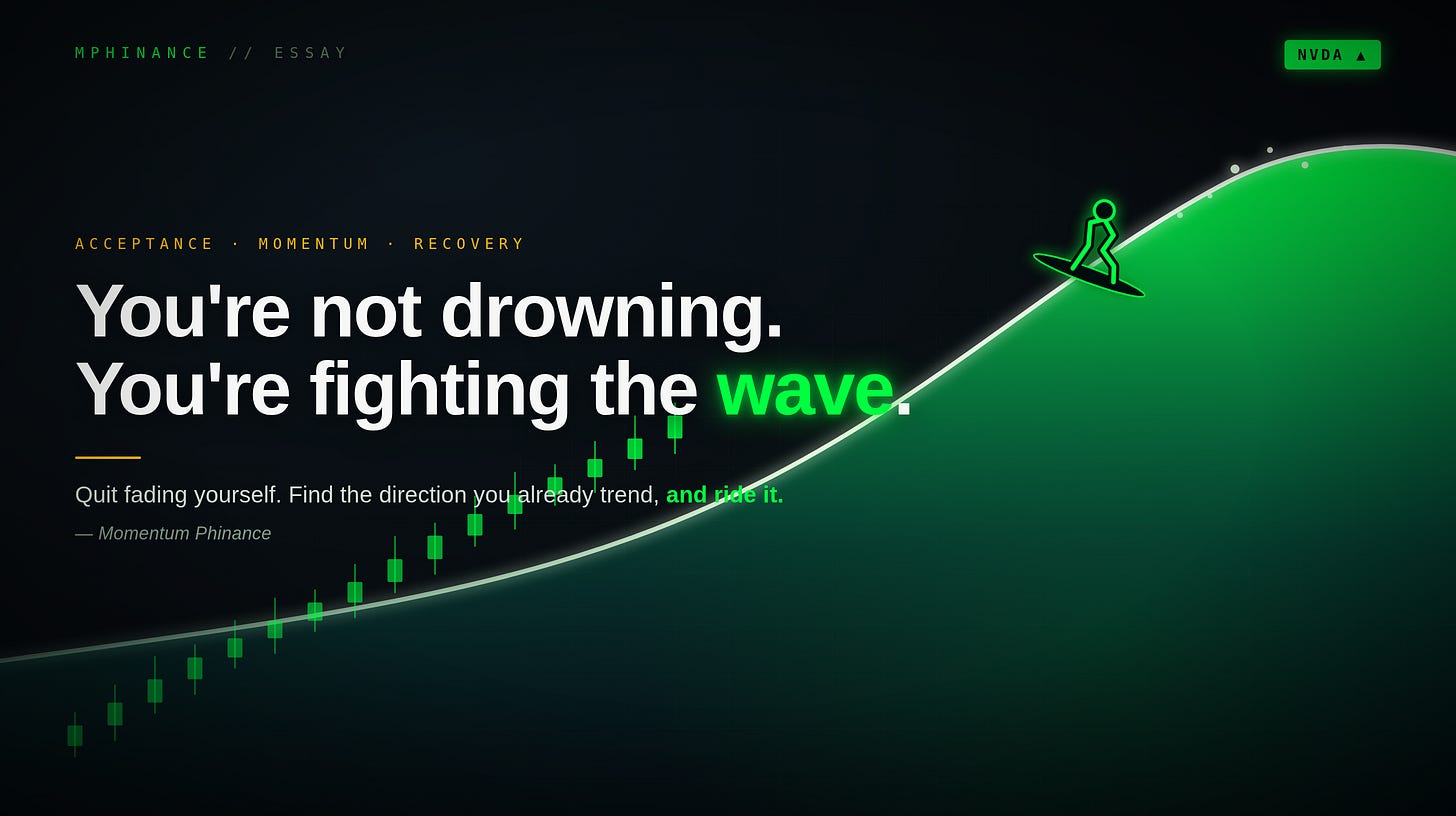 A green momentum wave on a dark HUD background: rising candlesticks build into the swell and a surfer rides the crest.