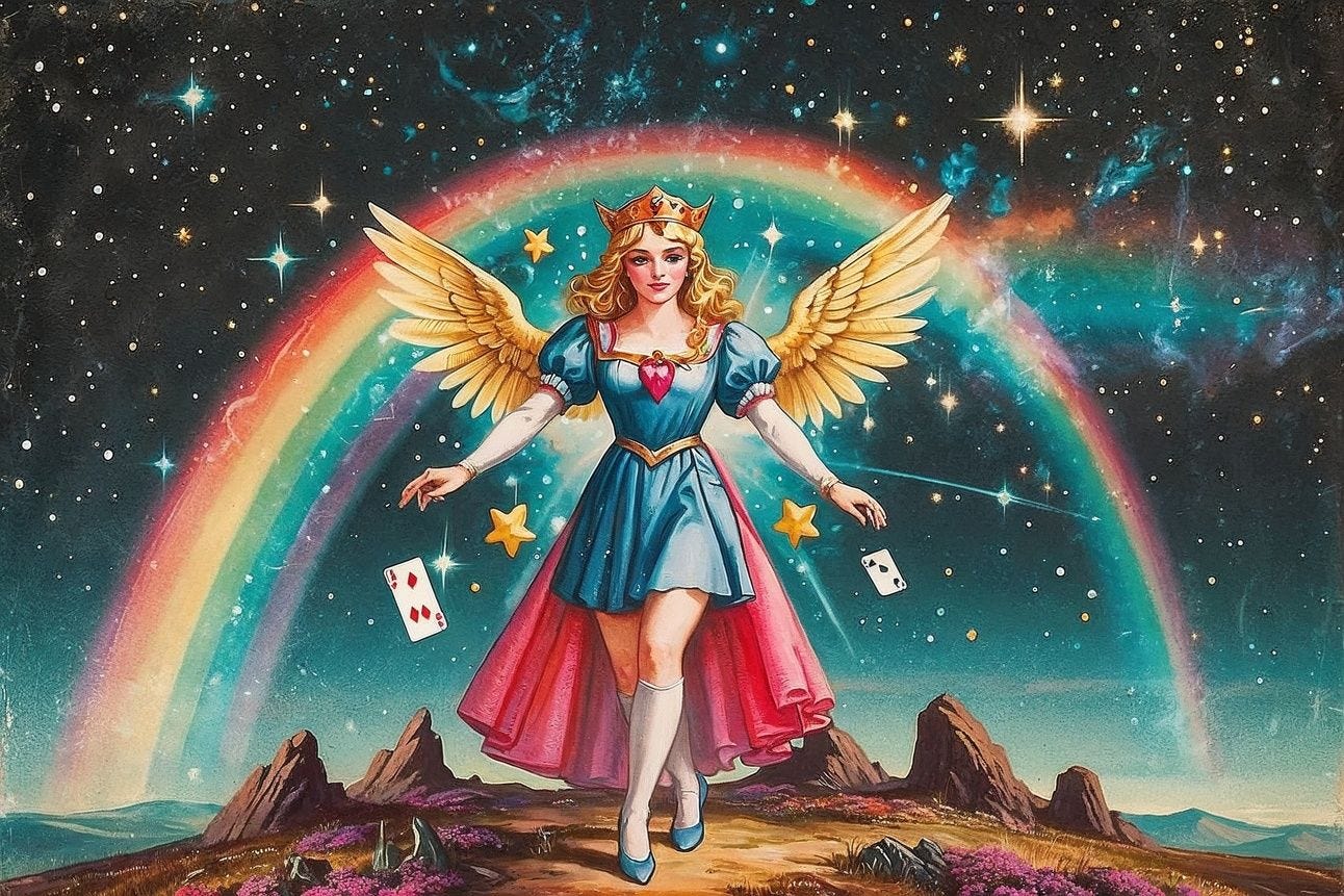An Alice like character in a spacey setting with playing cardss