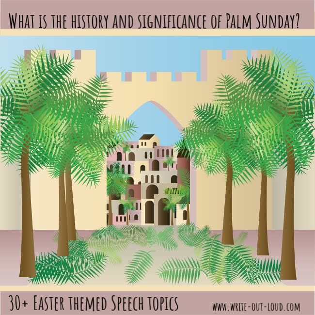 Image: graphic showing an ancient village with a palm tree lined road.Text: What is the significance of Palm Sunday?