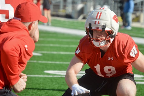 Wisconsin inside linebackers participate in individual position drills during the Badgers' spring football practice Saturday inside Camp Randall Stadium. 