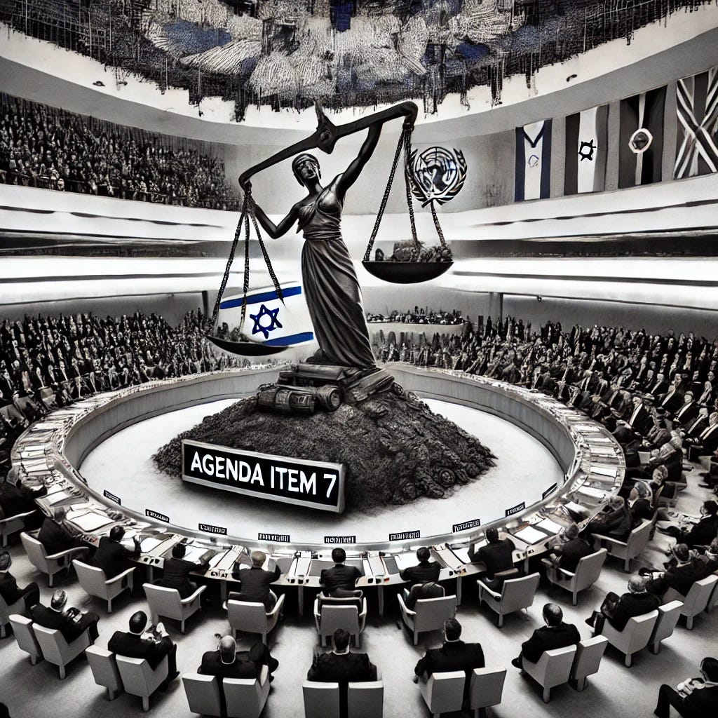A dramatic United Nations Human Rights Council (UNHRC) meeting room with an exaggeratedly tilted scale at the center. On one side of the scale, a small and isolated Israel is burdened with an overwhelming mountain of accusations, reports, and condemning votes. On the other side, countries with known human rights violations sit untouched, some even smirking or looking the other way. UNHRC representatives aggressively point fingers at Israel, while ignoring major global crises. A massive banner displaying 'Agenda Item 7' looms over the room, emphasizing the unfair scrutiny. The scene exudes a sense of imbalance, hypocrisy, and selective justice.