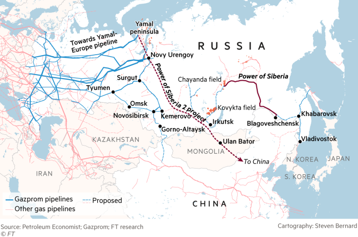 Map showing Gazprom pipelines across Asia including the proposed Power of Siberia 2 project running from the Yamal peninsula inside the Arctic Circle through Mongolia to northeast China Map showing Gazprom pipelines across Asia including the proposed Power of Siberia 2 project running from the Yamal peninsula inside the Arctic Circle through Mongolia to northeast China