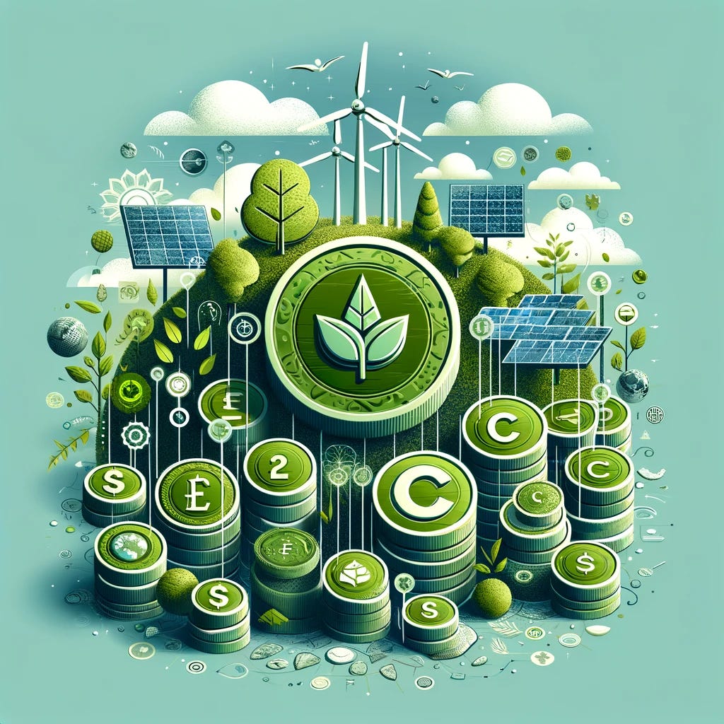 A conceptual representation of carbon credits without any text. The image features green tokens or coins with a leaf or tree symbol on them, symbolizing carbon credits. These tokens are surrounded by elements representing environmental conservation, such as small trees, wind turbines, solar panels, and a clear blue sky in the background. The design emphasizes sustainability and eco-friendliness, using a color palette of green, blue, and earthy tones to represent nature and the concept of trading carbon credits for environmental initiatives.