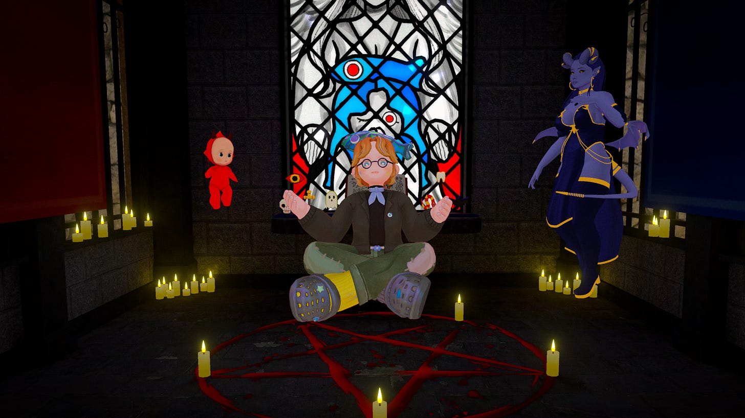 Bonito sits cross-legged near a pentagram surrounded by candles. There is a devil baby avatar, a demon lady avatar, and in the background is stained glass. Bonito sits cross-legged near a pentagram surrounded by candles. There is a devil baby avatar, a demon lady avatar, and in the background is stained glass.