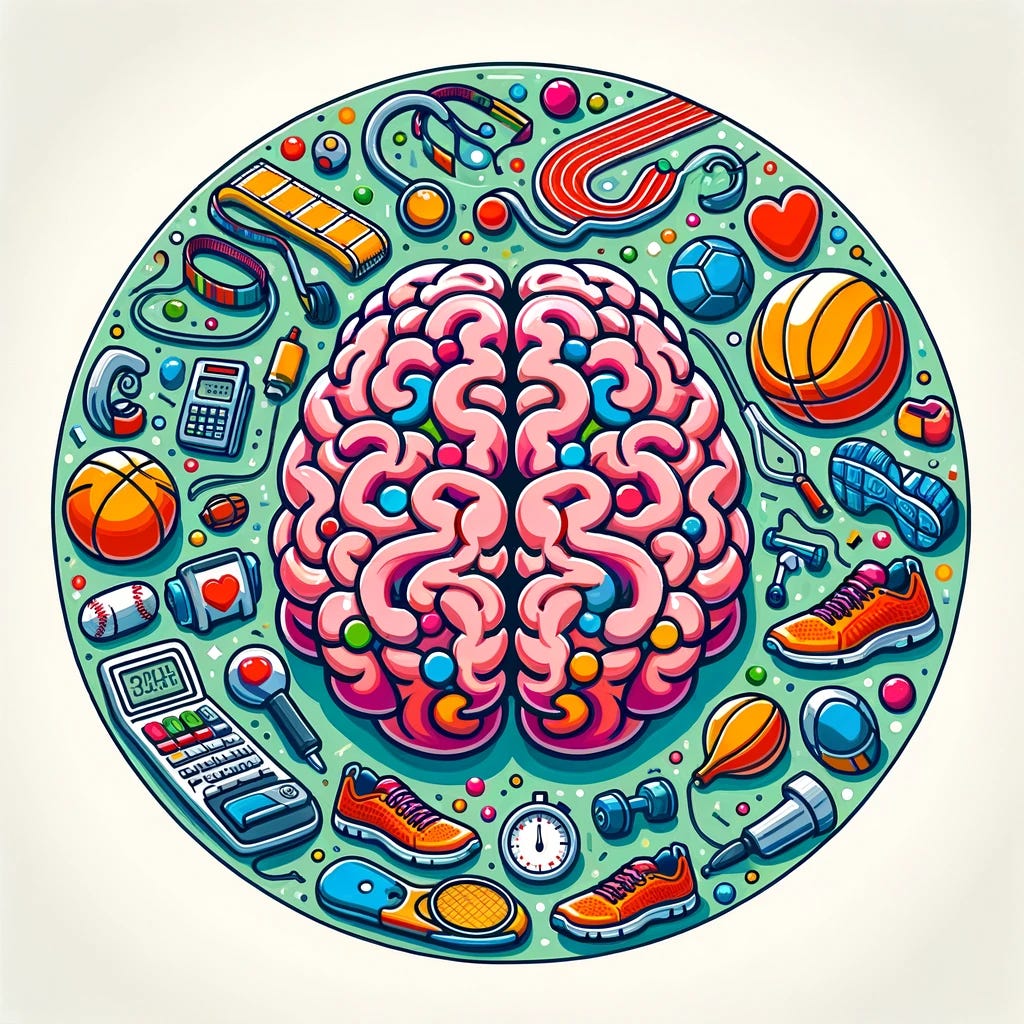 An illustration depicting the concept of brain health through physical activity, without using any text or numbers. The image should show a human brain surrounded by symbols of physical activity like walking shoes, a running track, sports balls, and a pedometer. These symbols should be arranged in a harmonious and visually appealing way around the brain, emphasizing the connection between exercise and cognitive well-being. The style should be colorful and engaging, aiming to convey the message that regular physical activity nurtures and protects the brain, without directly showing humans or specific activities. The overall tone of the image should be positive and uplifting, encouraging viewers to associate physical exercise with brain health benefits.