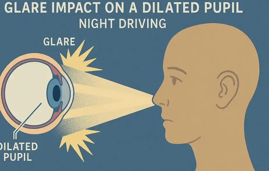 Medical diagram showing how intense headlight glare enters a dilated pupil at night, with light beams scattering inside the eye and causing visual disruption.