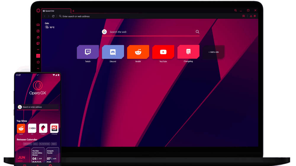 The Opera web browser running on a laptop and phone The Opera web browser running on a laptop and phone