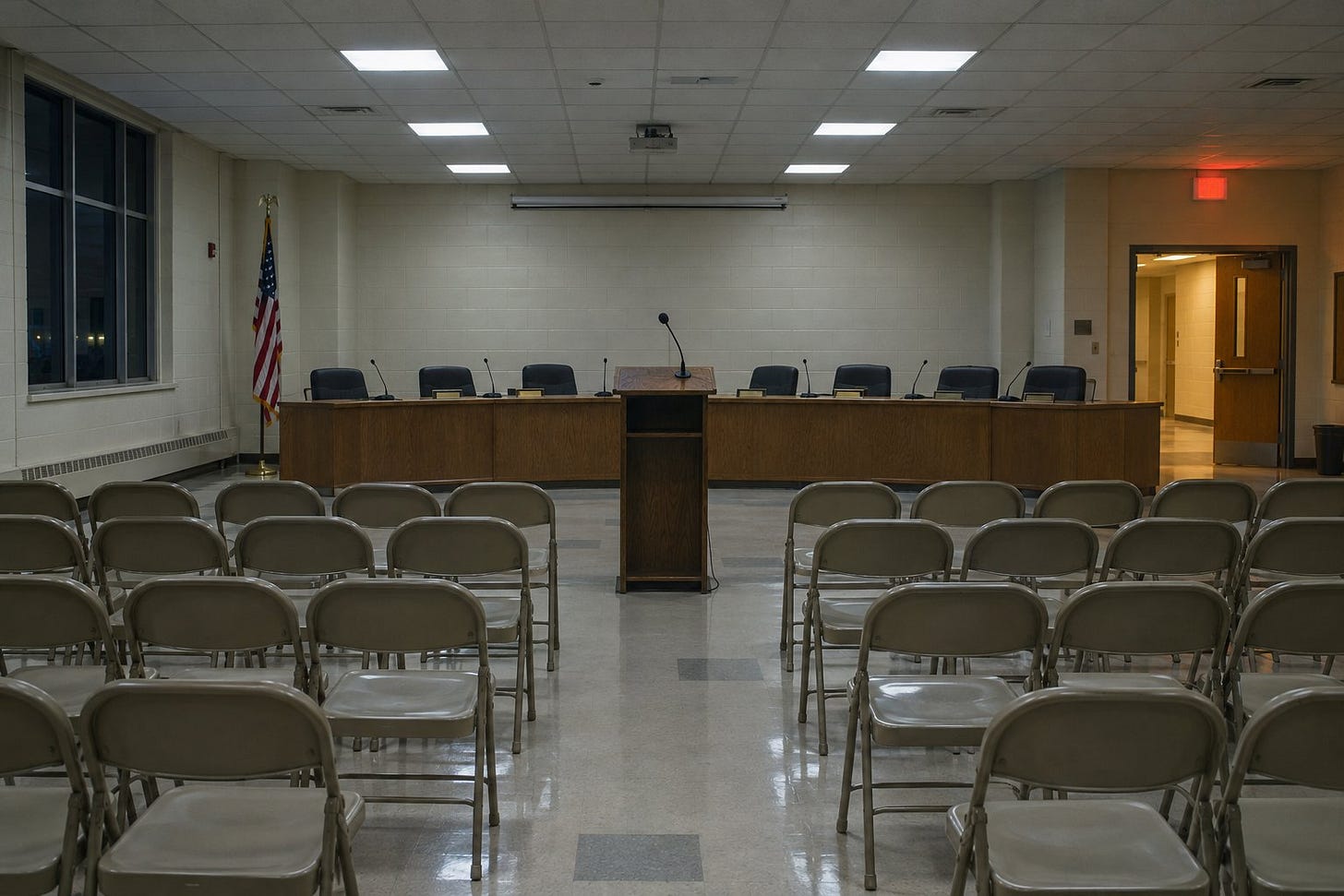 Empty school board meeting room with rows of folding chairs and a lectern Empty school board meeting room with rows of folding chairs and a lectern