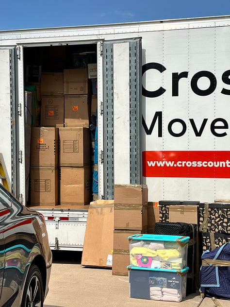 Images of a moving truck loaded with boxes, and all the boxes unloaded into various rooms of a house