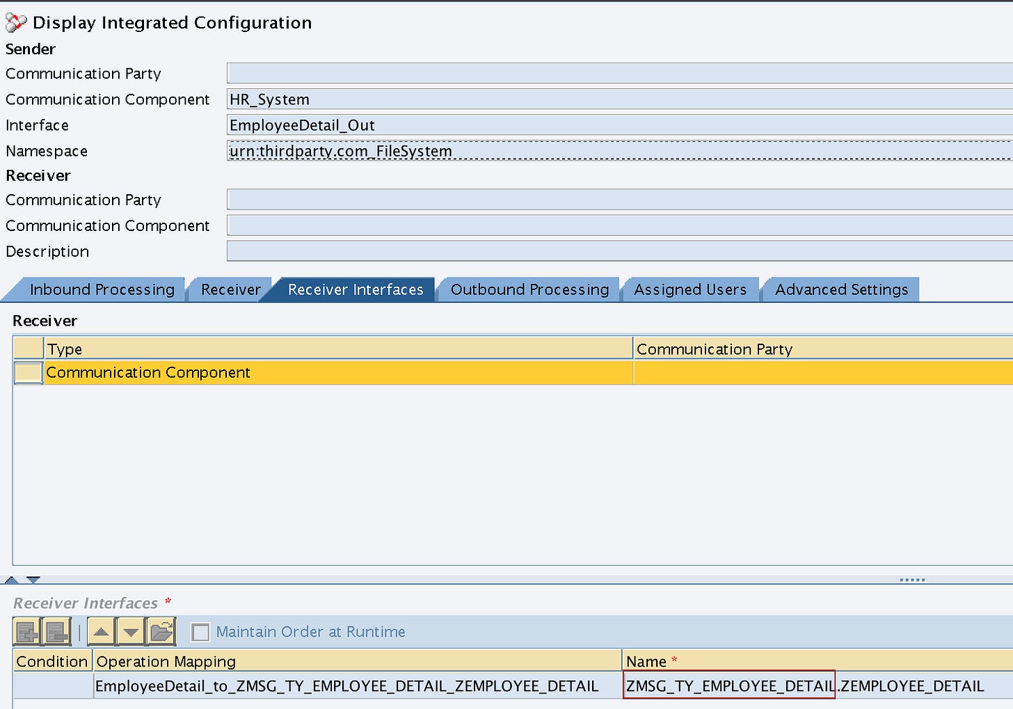 Control Record parameter Message Type MESTYP set from the interface name 