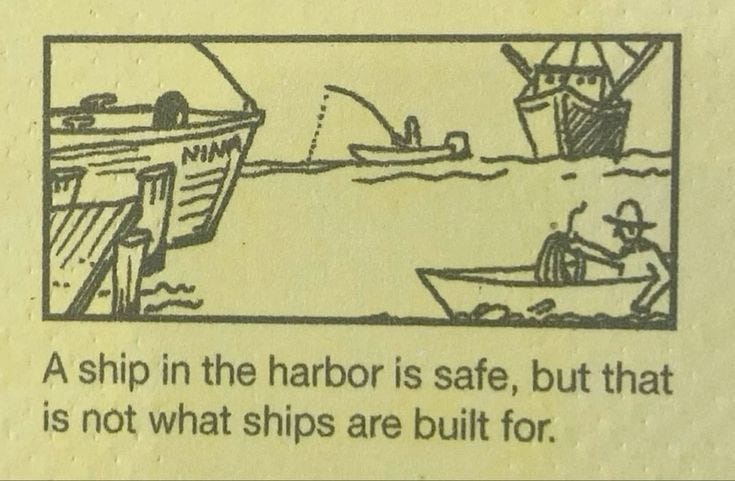 This may contain: an old book with a drawing of a ship in the harbor is safe, but that is not what ships are built for