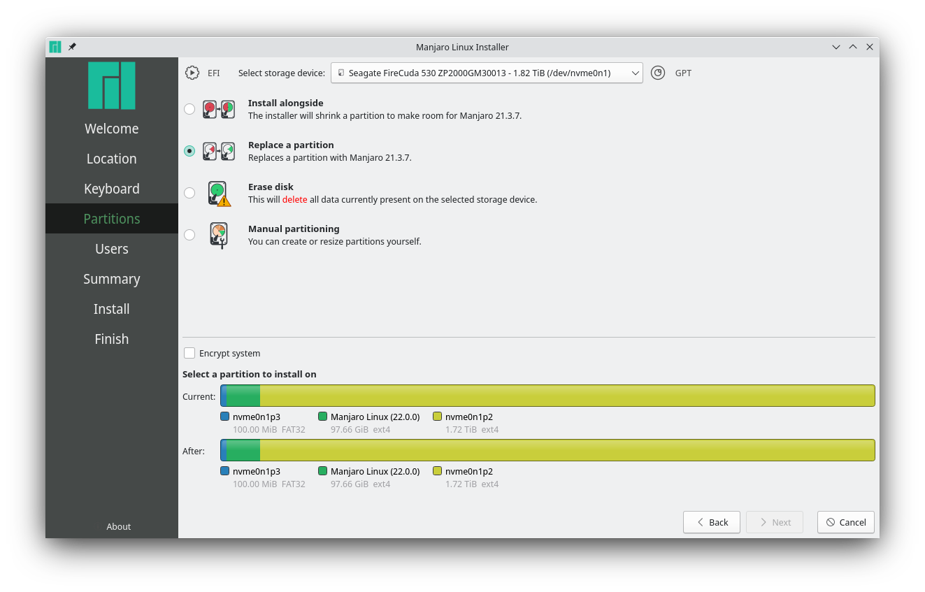 Reinstall Manjaro with Calamares / GUI, keeping /home, cleaning /boot/efi  and / - Support - Manjaro Linux Forum