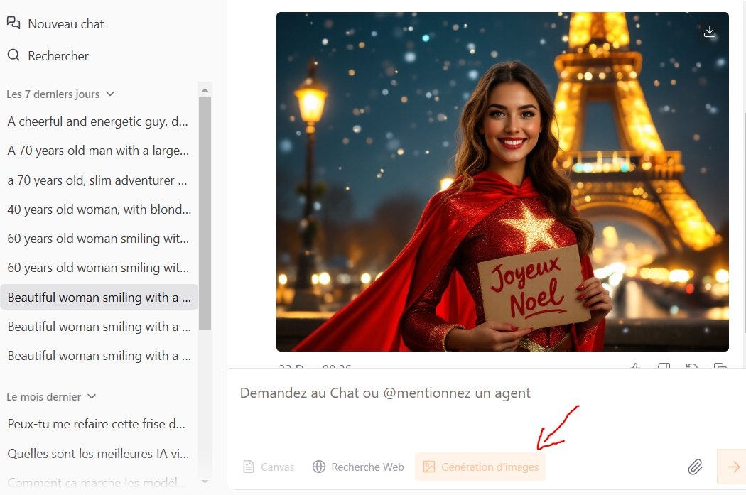 Beautiful woman smiling with a  super hero costume and a santa hat, in Paris, next to Eiffel Tower, at night, with beautiful christmas lights, the woman shows a cardboard in her hands with "Joyeux Noel" written on it