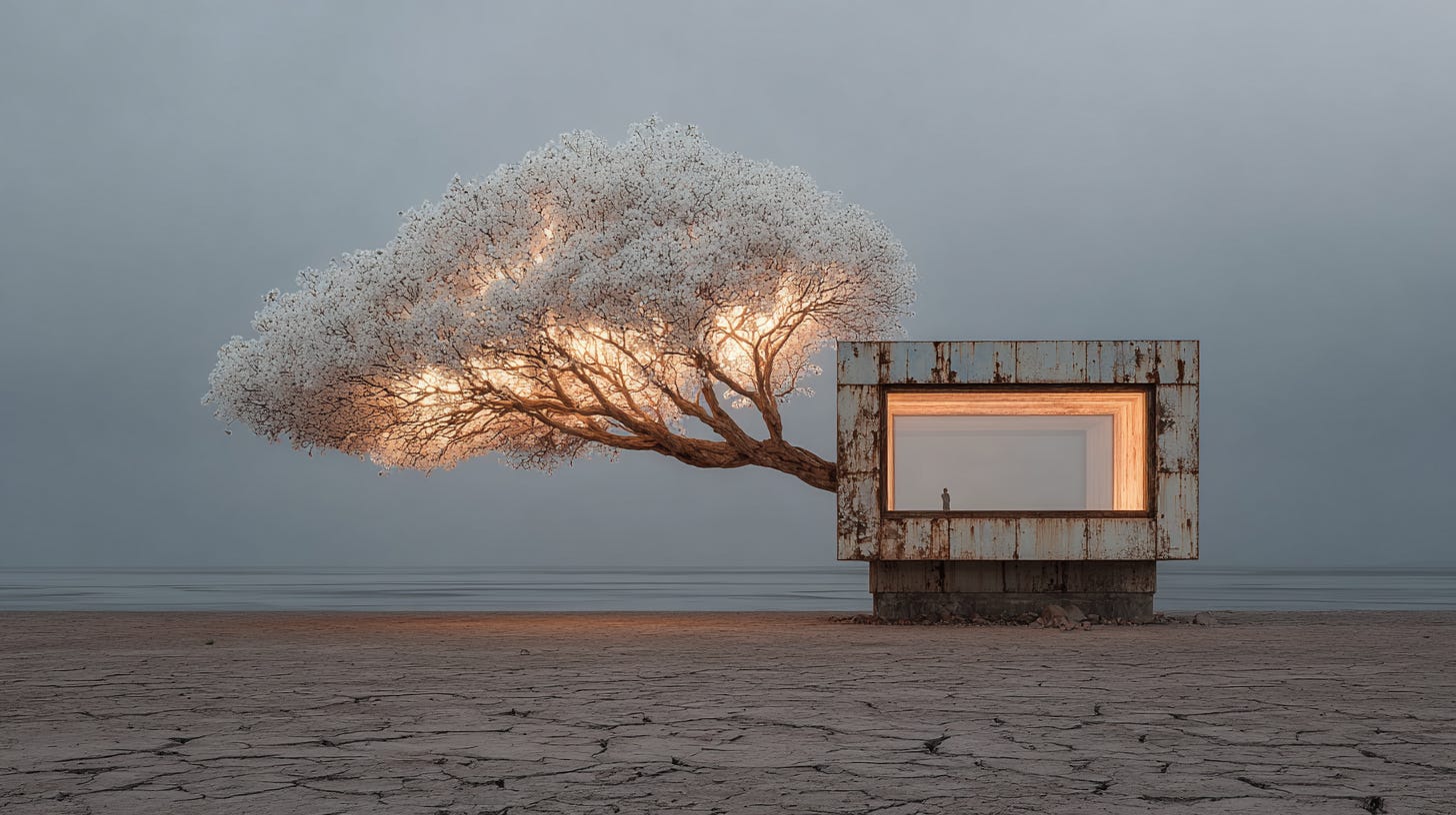 A photograph of a large-scale outdoor art installation on a barren, cracked salt flat. A massive, brutalist structure made of rusted iron cages and barbed wire represents the logic of scarcity. Growing stubbornly right through the center of the rusted iron is a colossal, glowing, translucent tree made of glass and soft light, bearing fruit that looks like beating hearts. A lone figure stands before it, offering water to the glass roots. Surrealism, impossible beauty, kindness as an unrealistic force of nature, conceptual art, highly detailed textures A photograph of a large-scale outdoor art installation on a barren, cracked salt flat. A massive, brutalist structure made of rusted iron cages and barbed wire represents the logic of scarcity. Growing stubbornly right through the center of the rusted iron is a colossal, glowing, translucent tree made of glass and soft light, bearing fruit that looks like beating hearts. A lone figure stands before it, offering water to the glass roots. Surrealism, impossible beauty, kindness as an unrealistic force of nature, conceptual art, highly detailed textures