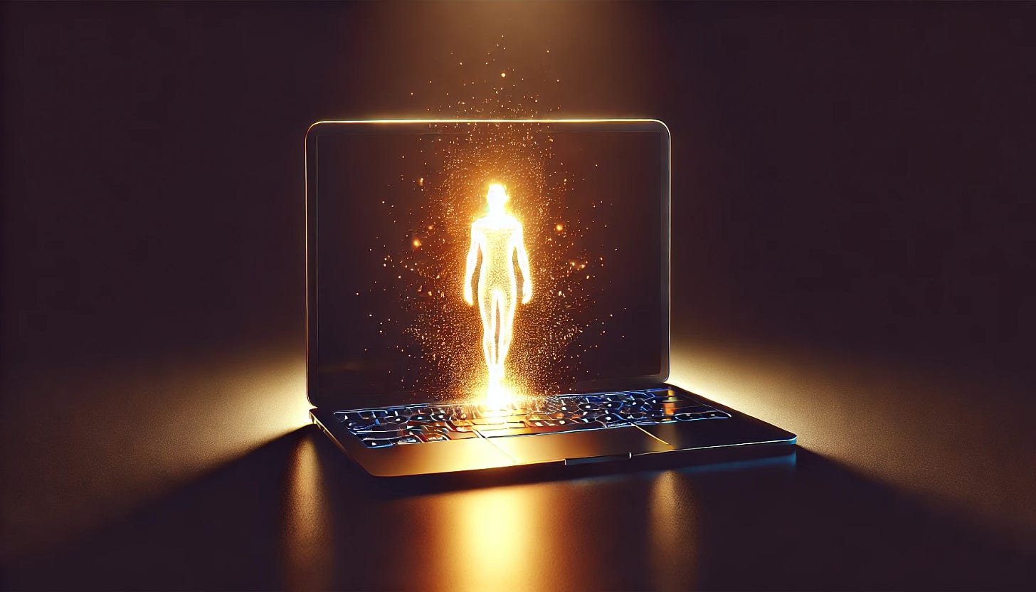 A high-resolution, ultra-wide digital illustration in a minimalist and abstract art style. A human silhouette emerges from a glowing laptop screen. The silhouette is a soft, ethereal outline glowing with a radiant golden hue, symbolizing the extension of authenticity beyond the digital world. The laptop and background are completely black, creating a stark contrast that emphasizes the luminous figure. The transition between the laptop screen and the real world appears fluid, as if the silhouette is stepping forward into the darkness. The mood blends mystery and inspiration, evoking a sense of depth, presence, and digital transcendence. The illustration is sleek, modern, and cinematic, suitable for high-quality digital display.
