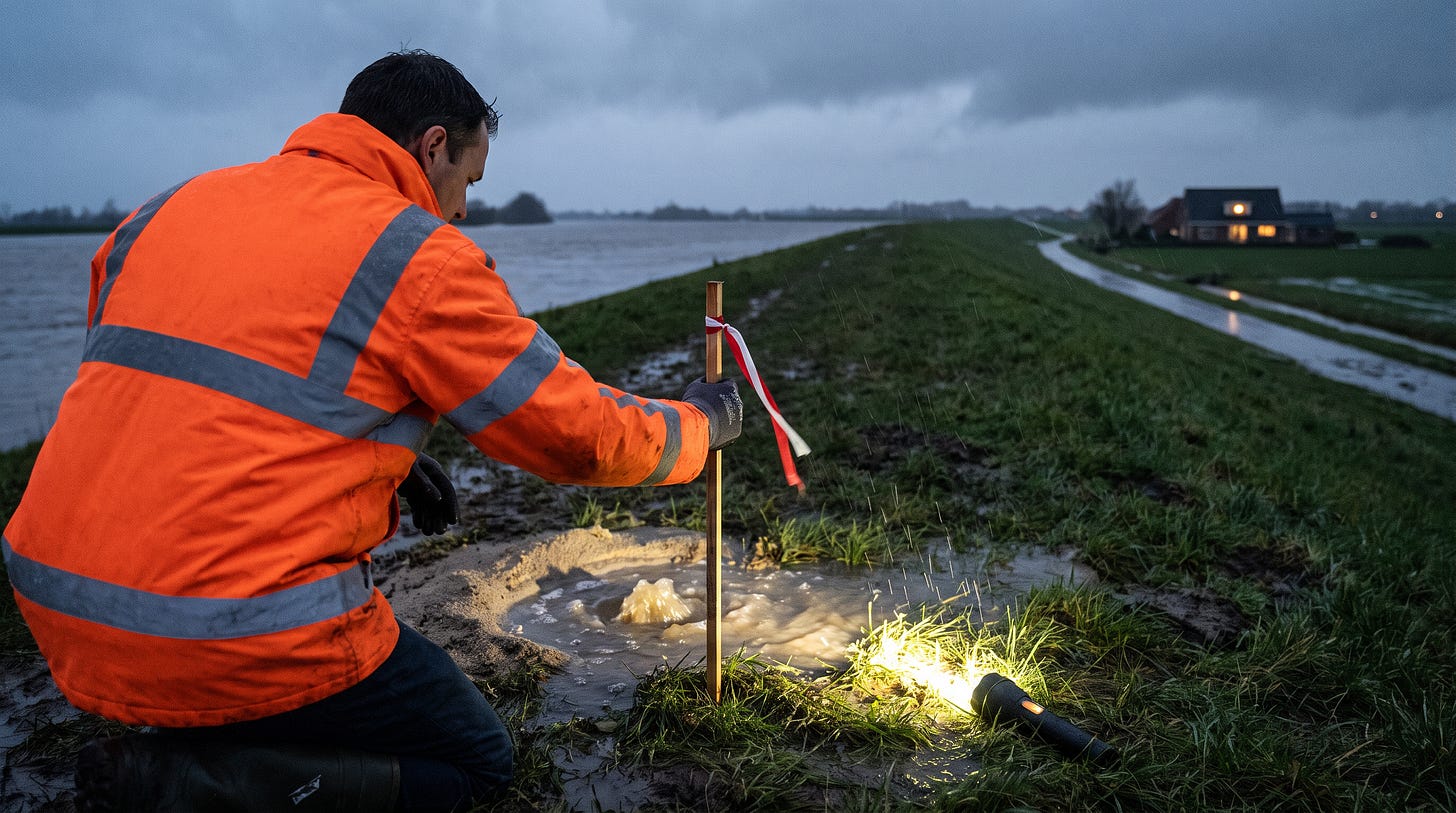 Een dijkwacht zet bij hoog water een markering naast een plek waar water door de dijk sijpelt Een dijkwacht zet bij hoog water een markering naast een plek waar water door de dijk sijpelt