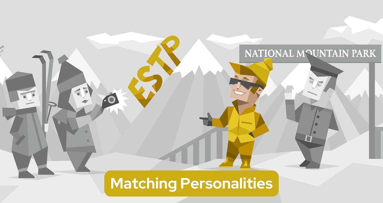 In a snowy National Mountain Park, a confident male ESTP, clad in yellow attire and sunglasses, strikes a pose while to the left, a couple dressed warmly in winter clothing and holding skis take pictures of him with their camera. An annoyed park ranger stands to the right of the ESTP man. The letters “ESTP” are prominently displayed in the middle of the image. In a snowy National Mountain Park, a confident male ESTP, clad in yellow attire and sunglasses, strikes a pose while to the left, a couple dressed warmly in winter clothing and holding skis take pictures of him with their camera. An annoyed park ranger stands to the right of the ESTP man. The letters “ESTP” are prominently displayed in the middle of the image.