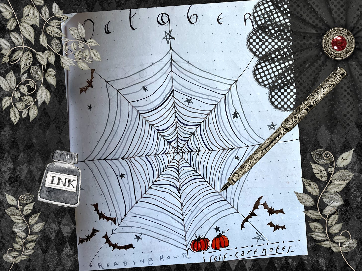 A digital collage with drawing of an ink pot and fountain pen, and a bullet journal for October with a big spider web, bats and pumpkins