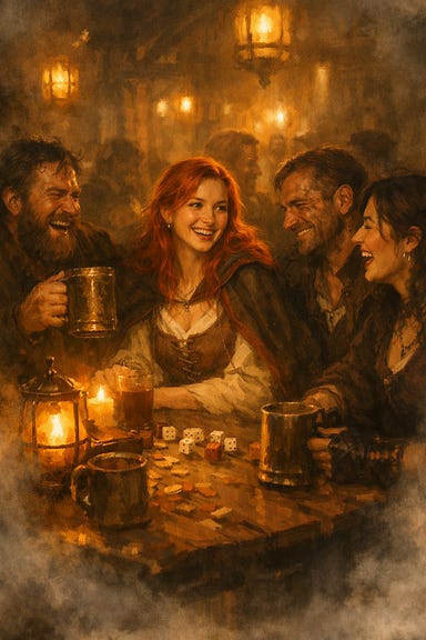 Greegan's dream in the Juggling Ogre Tavern, Ireena laughing among rogues of Threshold, warm lantern light and misty edges