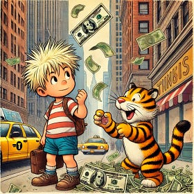 A young boy with spiky blond hair in a striped shirt and shorts, and a cartoon-style tiger companion, illustrated in a nostalgic vintage comic style. They are standing on a busy New York City street with tall skyscrapers and yellow taxis around. Money is flying down from the sky all around them, fluttering in the air and piling on the sidewalks. The boy looks amazed and is trying to catch some bills, while the tiger is playfully swiping at the flying money. The scene is vibrant, lively, and whimsical, drawn with warm hand-drawn textures and a watercolor comic-strip aesthetic.
